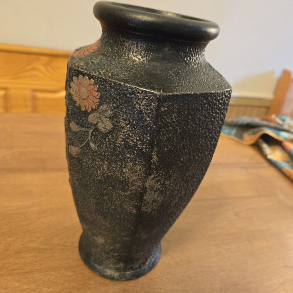 Antique Vtg Japanese Tokanabe Black Vase Hand Painted Floral Bird 1920, 10" Tall - Picture 6 of 8